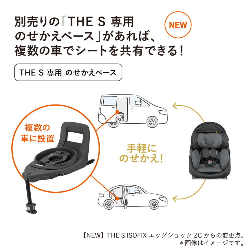【NEW】別売りの「THE S 専用のせかえベース」があれば、複数の車でシートを共有できる！【THE S 専用 のせかえベース】【NEW】THE S ISOFIX エッグショック ZCからの変更点。