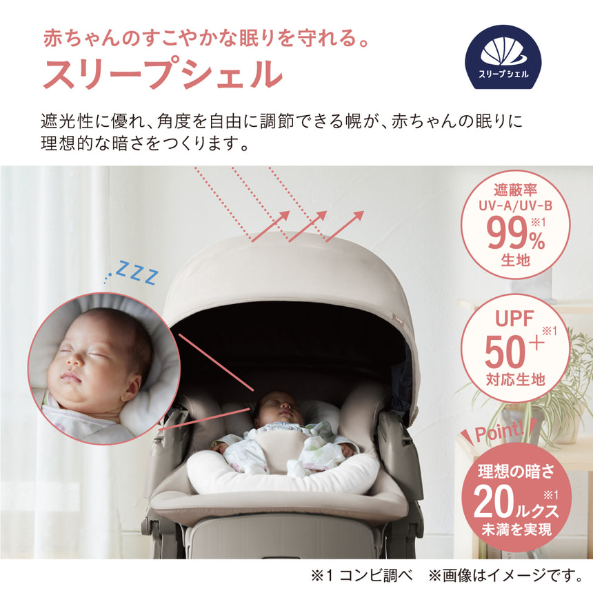 赤ちゃんのすこやかな眠りを守れる。【スリープシェル】遮光性に優れ、角度を自由に調整できる幌が、赤ちゃんの眠りに理想的な暗さをつくります。