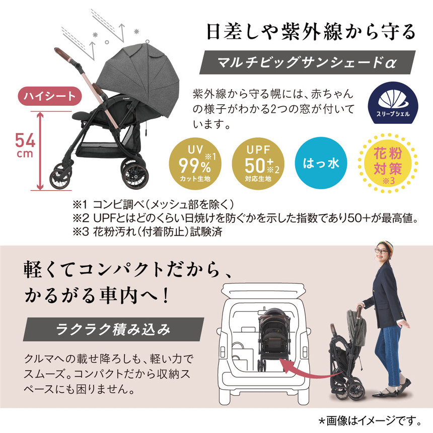 日差しや紫外線から守るマルチビッグサンシェードα。軽くてコンパクトだから、かるがる車内へ！ラクラク積み込み。