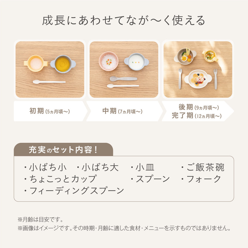 成長に合わせてなが～く使える充実のセット内容。小ばち（小）、小ばち（大）、小皿、ご飯茶碗、ちょこっとカップ、スプーン、フォーク、フィーディングスプーン