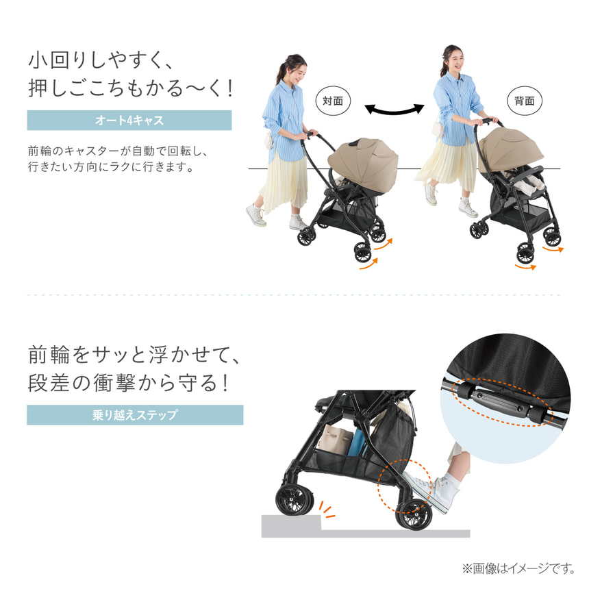 【小回りしやすく、押しごこちもかる～く！】オート4キャス　前輪のキャスターが自動で回転し、行きたい方向にラクに行きます。【前輪をサッと浮かせて、段差の衝撃から守る！】乗り越えステップ　※画像はイメージです