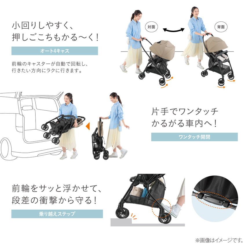 【小回りしやすく、押しごこちもかる～く！】オート4キャス　前輪のキャスターが自動で回転し、行きたい方向にラクに行きます。【片手でワンタッチかるがる車内へ！】ワンタッチ開閉　【前輪をサッと浮かせて、段差の衝撃から守る！】乗り越えステップ　※画像はイメージです