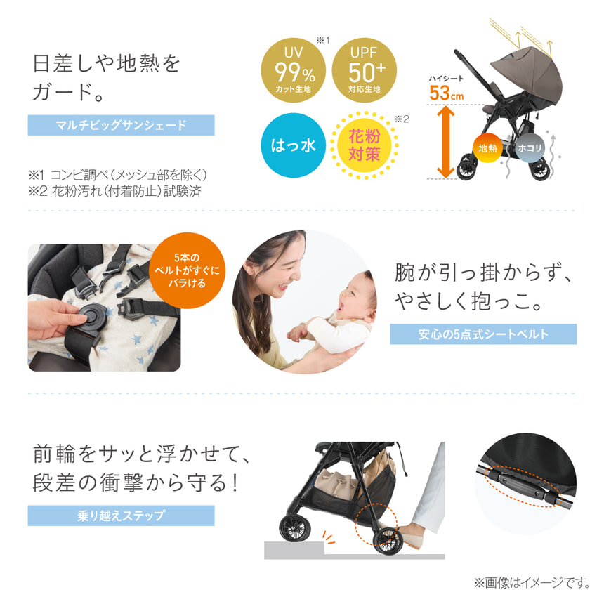 【日差しや地熱をガード。】マルチビッグサンシェード　UV99％カット生地※1　UPF50＋対応生地　はっ水　花粉対策※2　ハイシート53cm ※1 コンビ調べ（メッシュ部分を除く） ※2 花粉汚れ（付着防止）試験済み　【腕が引っ掛からず、やさしく抱っこ。】安心の5点式シートベルト　【前輪をサッと浮かせて、段差の衝撃から守る！】乗り越えステップ　※画像はイメージです