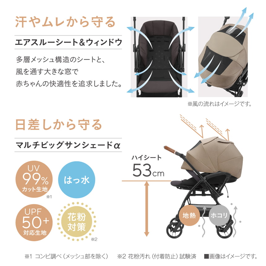 汗やムレから守る　エアスルーシート & ウィンドウ　多層メッシュ構造のシートと、風を通す大きな窓で赤ちゃんの快適性を追求しました。　日差しから守る　マルチビッグサンシェードα　UV99％カット生地※1　はっ水　UPF50+対応生地　花粉対策※2　ハイシート53cm　※1 コンビ調べ (メッシュ部を除く) ※2 花粉汚れ (付着防止) 試験済　■画像はイメージです。
