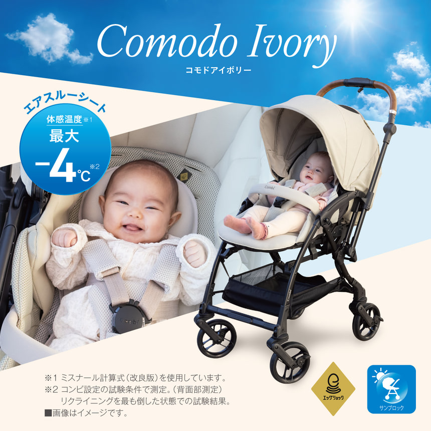 Comodo Ivory　コモドアイボリー　エアスルーシート 体感温度※2　最大‐4※3 ※1 限定数量: 1260台 ※2 ミスナール計算式 (改良版) を使用しています。 ※3 コンビ設定の試験条件で測定。 (背面部測定) リクライニングを最も倒した状態での試験結果。エッグショック サンブロック