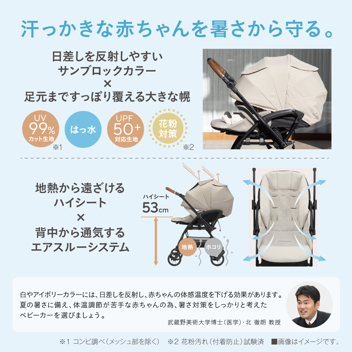 汗っかきな赤ちゃんを暑さから守る。日差しを反射しやすい サンブロックカラー × 足元まですっぽり覆える大きな幌 UV99%カット生地※1  はっ水 UPF50+対応生地 花粉対策※2　地熱から遠ざけるハイシート53cm×背中から通気するエアスルーシステム　「白やアイボリーカラーには、日差しを反射し、 赤ちゃんの体感温度を下げる効果があります。夏の暑さに備え、 体温調節が苦手な赤ちゃんの為、 暑さ対策をしっかりと考えたベビーカーを選びましょう。　武蔵野美術大学博士(医学) 北徹朗教授　※1 コンビ調べ (メッシュ部を除く) ※2 花粉汚れ (付着防止) 試験済
