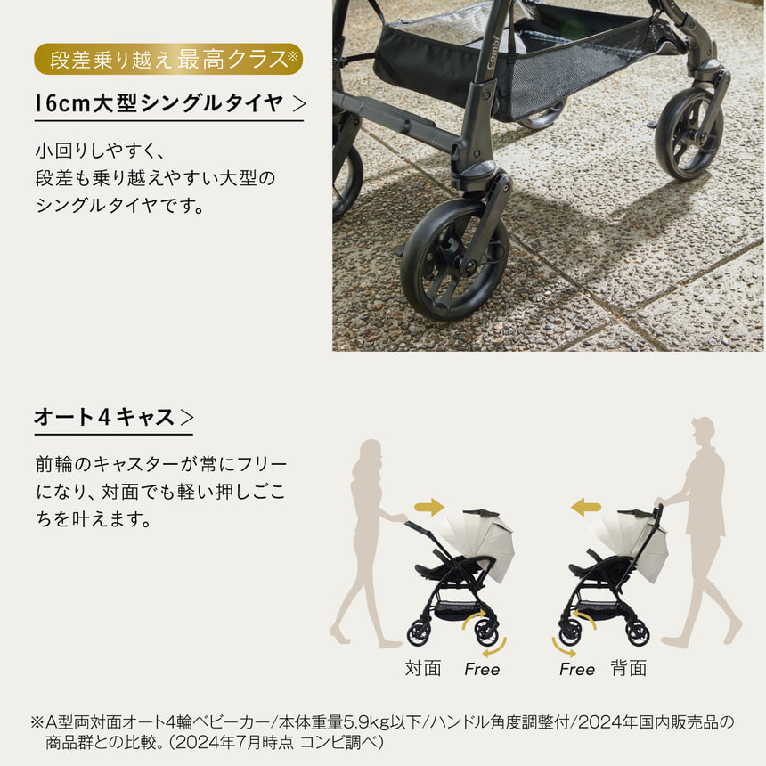 シートがスライドすることで、 奥行きがコンパクトになり、常に押しやすい重心バランスを実現！　段差乗り越え最高クラス※2　16cm大型シングルタイヤ　小回りしやすく、段差も乗り越えやすい大型のシングルタイヤです。　オート4キャス　前輪のキャスターが常にフリーになり、対面でも軽い押しごこちを叶えます。重心が近づき、遠心力がより小さく。　　※2A型両対面オート4輪ベビーカー/本体重量5.9kg以下/ハンドル角度調整付/2024年国内販売品の商品群との比較。 (2024年7月時点 コンビ調べ)　※画像はイメージです。