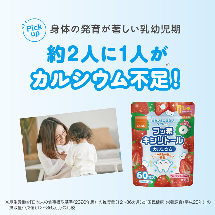 Pick up 身体の発育が著しい乳幼児期 約2人に1人がカルシウム不足！※※厚生労働省 「日本人の食事摂取基準(2020年版)」 の推奨量(12~36カ月)と「国民健康・栄養調査 (平成28年)」の摂取量中央値 (1236カ月)の比較