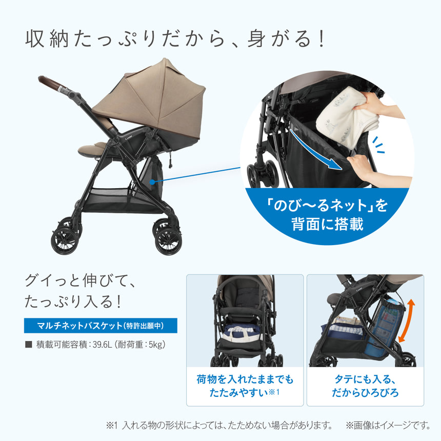 【収納たっぷりだから、身がる！】収納たっぷりだから、 身がる！グイっと伸びて、たっぷり入る！マルチネットバスケット (特許出願中)　積載可能容積:39.6L (耐荷重: 5kg)　「のび~るネット」 を背面に搭載　荷物を入れたままでもたたみやすい※1　タテにも入る、だからひろびろ　※1 入れる物の形状によっては、たためない場合があります。