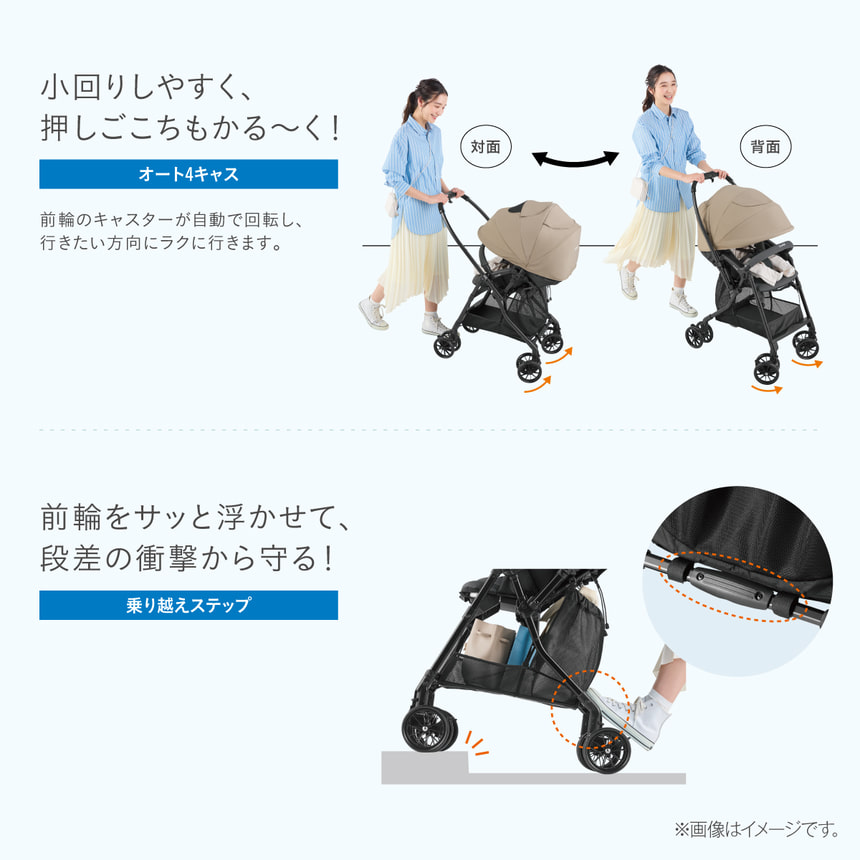 【小回りしやすく、押しごこちもかる～く！】オート4キャス　前輪のキャスターが自動で回転し、行きたい方向にラクに行きます。【前輪をサッと浮かせて、段差の衝撃から守る！】乗り越えステップ　※画像はイメージです