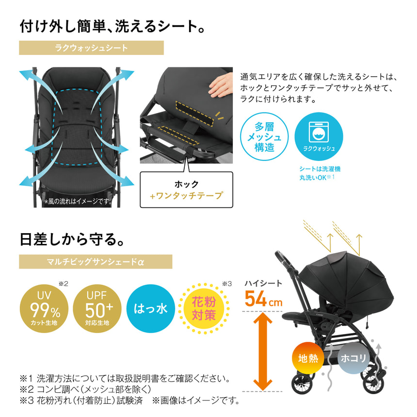 付け外し簡単、 洗えるシート。ラクウォッシュシート  通気エリアを広く確保した洗えるシートは、ホックとワンタッチテープでサッと外せて、ラクに付けられます。 ホック+ワンタッチテープ 多層メッシュ構造 ラクウォッシュ シートは洗濯機丸洗いOK※1 日差しから守る。マルチビッグサンシェードα UV99%カット生地※2 UPF50+対応生地 はっ水 花粉対策※3　ハイシート54cm　地熱 ホコリ　※1 洗濯方法については取扱説明書をご確認ください。 ※2 コンビ調べ(メッシュ部を除く) ※3 花粉汚れ(付着防止) 試験済 ※画像はイメージです。