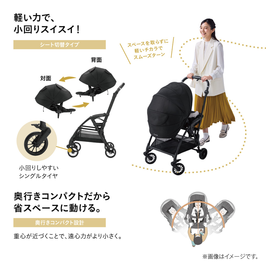 軽い力で、小回りスイスイ！シート切替タイプ　小回りしやすいシングルタイヤ　スペースを取らずに軽いチカラでスムーズターン　奥行きコンパクトだから省スペースに動ける。 奥行きコンパクト設計 重心が近づくことで、 遠心力がより小さく。