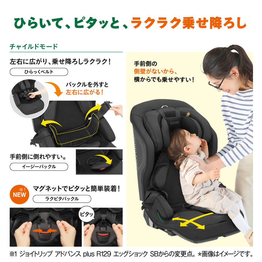 ひらいて、ピタッと、 ラクラク乗せ降ろし　チャイルドモード【ひらっくベルト】左右に広がり、乗せ降ろしラクラク！バックルを外すと左右に広がる！【イージーバックル】手前側に倒れやすい。【ラクピタバックル】NEW※1 マグネットでピタッと簡単装着！手前側の側壁がないから、横からでも乗せやすい！※1 ジョイトリップアドバンス plus R129 エッグショック SBからの変更点。