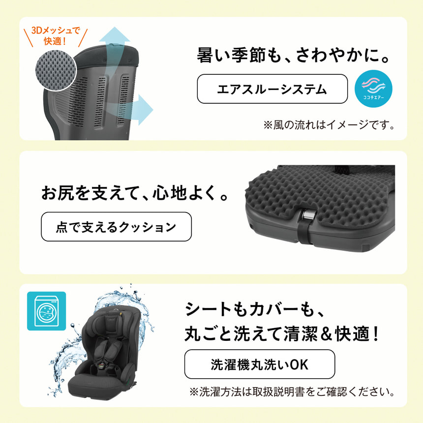 暑い季節も、さわやかに。3Dメッシュで快適！【エアスルーシステム】※風の流れはイメージです。お尻を支えて、心地よく。【点で支えるクッション】取外せば、もっとひろびろ！【着脱式ヘッドサポート】※使用方法は取扱説明書をご確認ください。