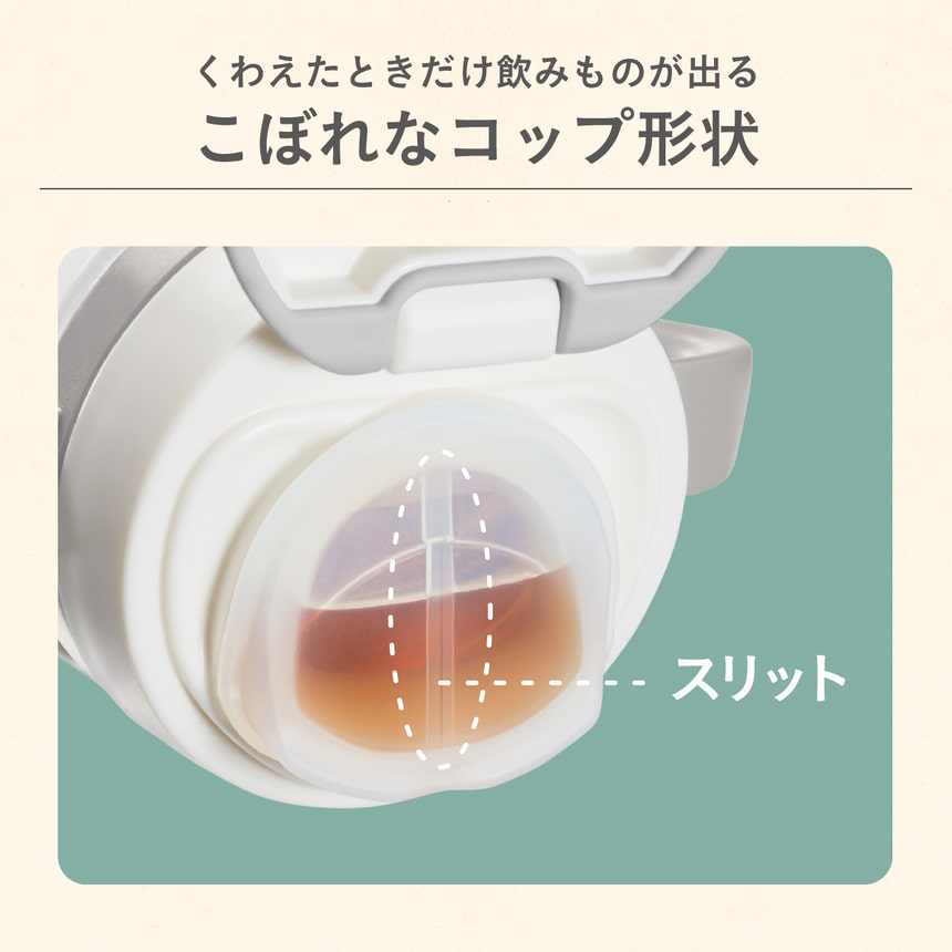 くわえたときだけ飲みのもがが出るこぼれなコップ形状