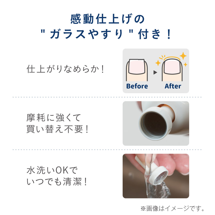 感動仕上げの「ガラスやすり」付き！仕上がりなめらか！摩耗に強くて買い替え不要！水洗いOKでいつでも清潔！