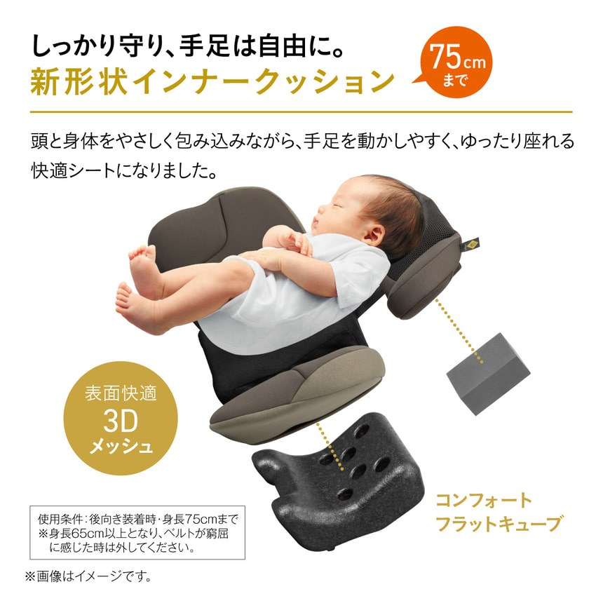 しっかり守り、手足は自由に。新形状インナークッション175cmまで　頭と身体をやさしく包み込みながら、手足を動かしやすく、ゆったり座れる快適シートになりました。表面快適3Dメッシュ　使用条件: 後向き装着時・ 身長75cmまで　※身長65cm以上となり、ベルトが窮屈に感じた時は外してください。