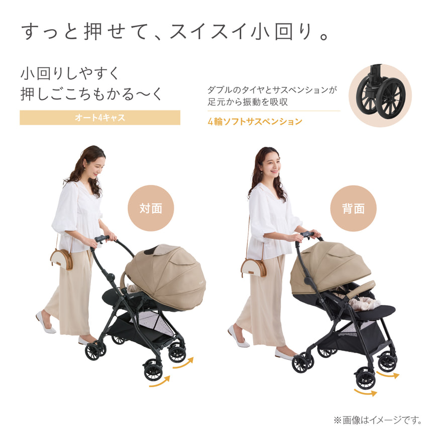 スゴカルL コンパクトのオート4キャスと4輪ソフトサスペンションの特徴。対面・背面使用の両シーンを紹介。
