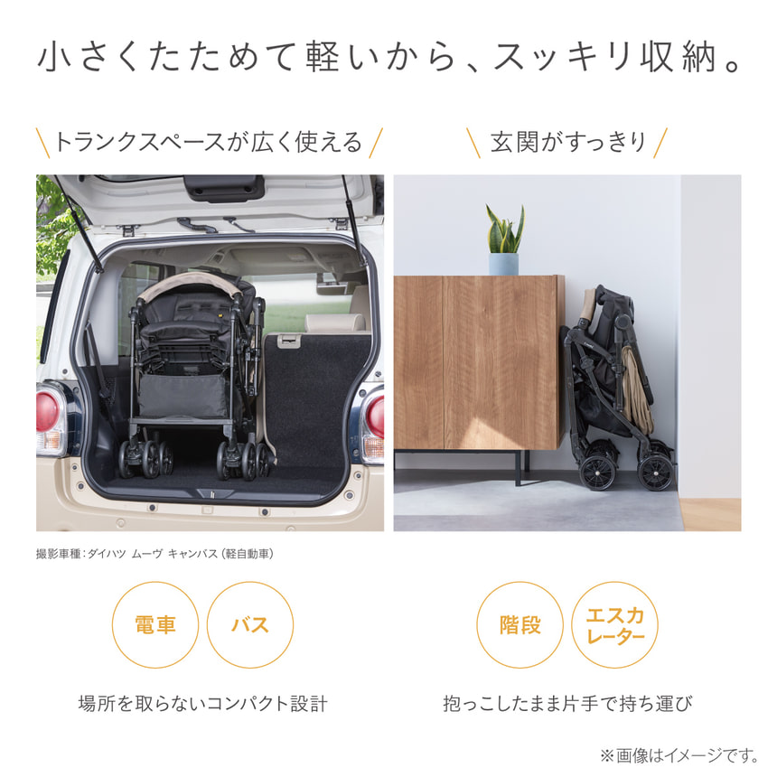 スゴカルL コンパクトは折りたたみ時も超コンパクト。軽自動車のトランクにも収納可能で、電車・バス・階段・エスカレーターでも持ち運びやすいA型両対面式ベビーカー。