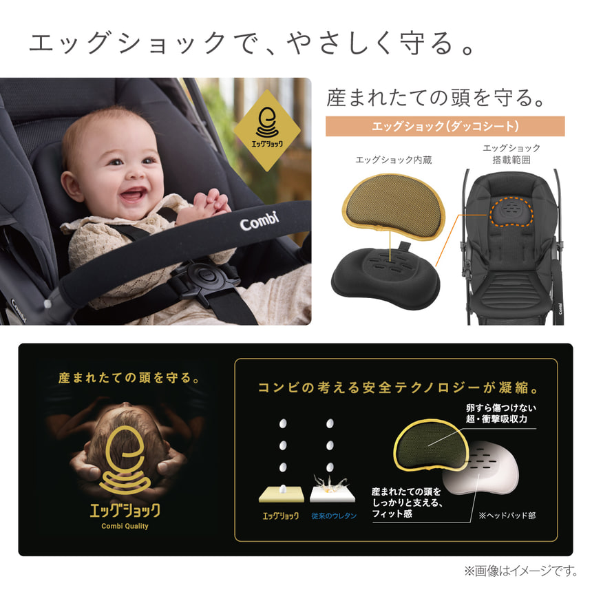 エッグショックを搭載したスゴカルL long。赤ちゃんの頭をやさしく守るコンビ独自の超・衝撃吸収構造で、安全性も安心感も抜群。