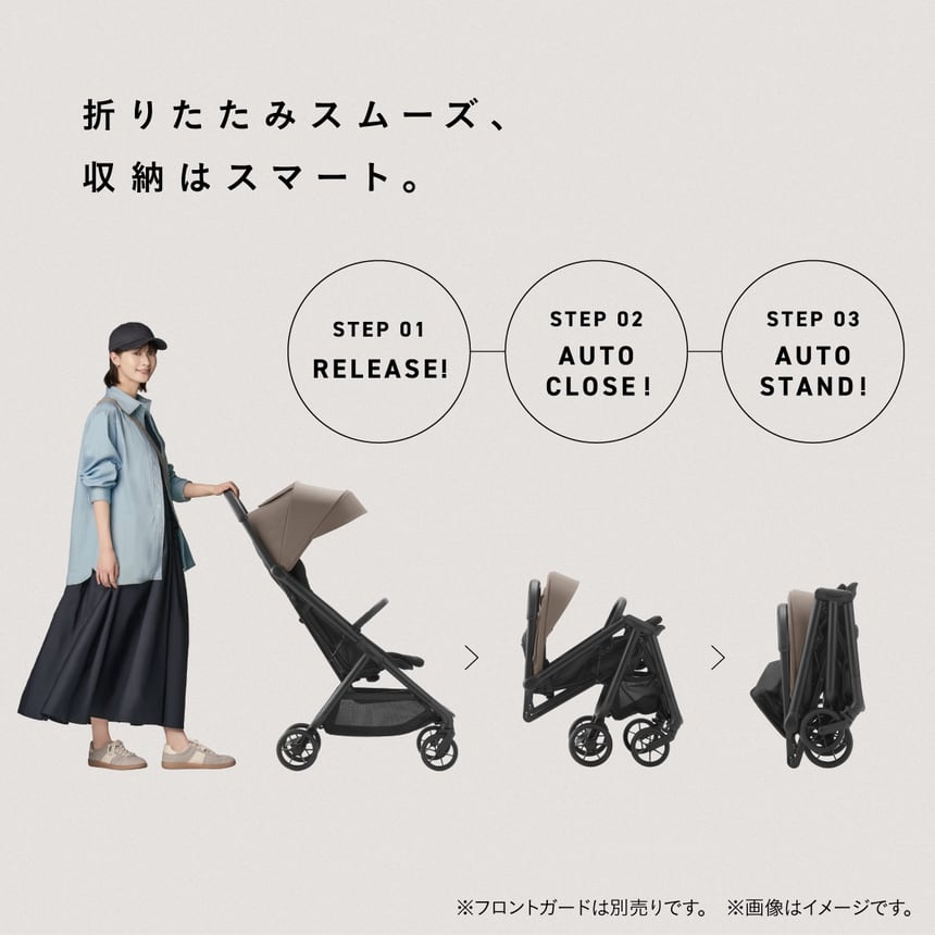折りたたみスムーズ、収納はスマート。STEP 01 RELEASE! STEP 02 AUTO CLOSE. STEP 03 AUTO STAND! 左から、3ステップでベビーカー「auto N second（オート エヌ セカンド）」を折りたたむイメージ。