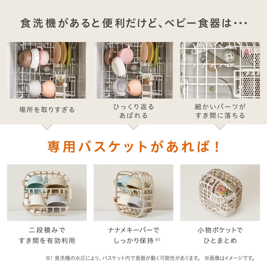 ベビー食器があばれたり落ちたりする悩みを解決 専用バスケットでコンパクトに収納して安心洗浄