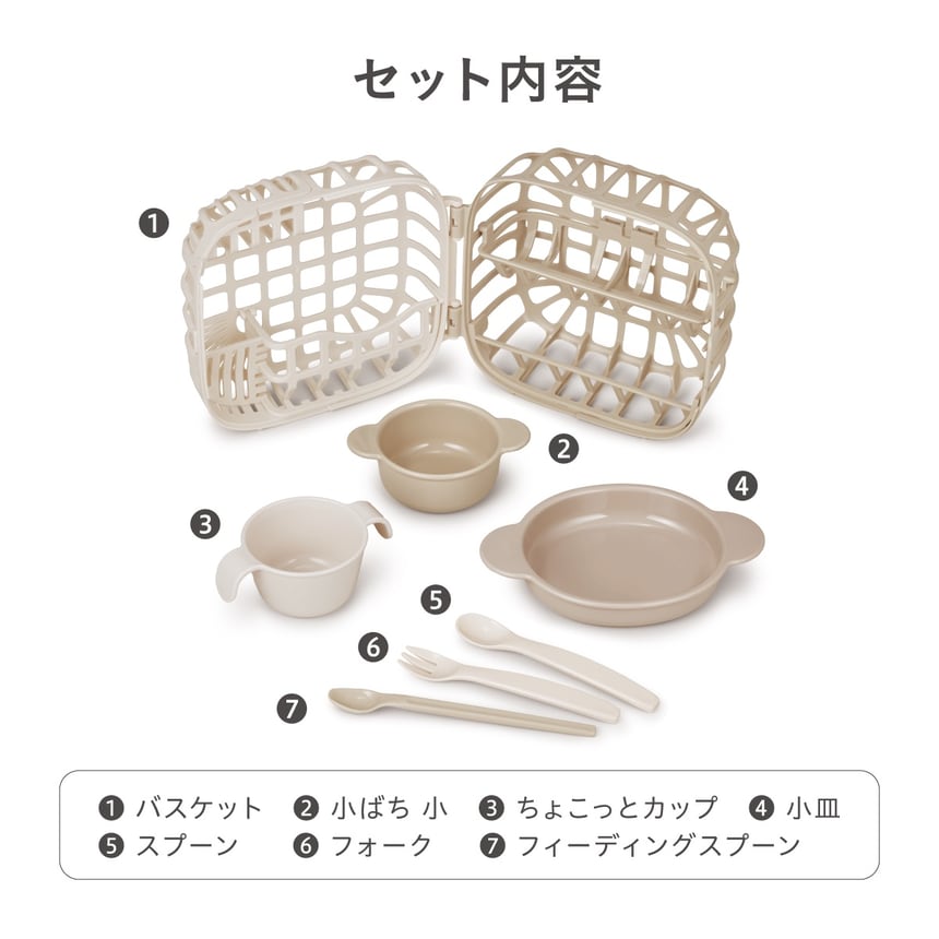 ベビー食器セット内容 バスケット 小ばち小 ちょこっとカップ 小皿 スプーン フォーク フィーディングスプーン付き