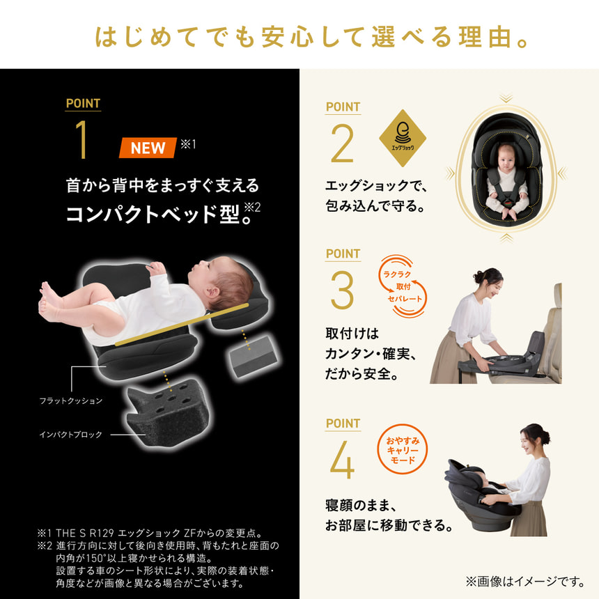 はじめてでも安心して選べる理由 首から背中を支えるコンパクトベッド型と安全機能。エッグショック搭載