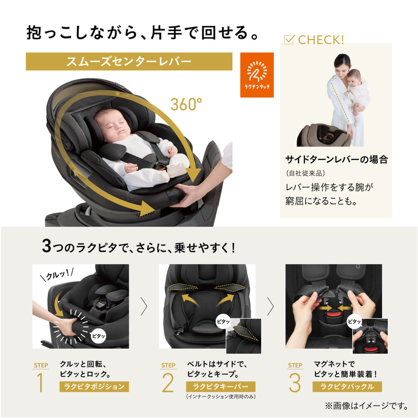 抱っこしながら片手でまわせる スムーズセンターレバーで360度回転操作。マグネットでピタッと簡単装着 ラクピタバックル