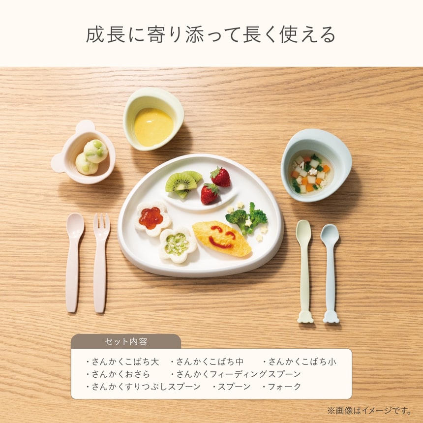 サンカク食器 離乳食ベビー食器セット 成長に合わせて長く使える日本製セットプレートとスプーンフォーク付き