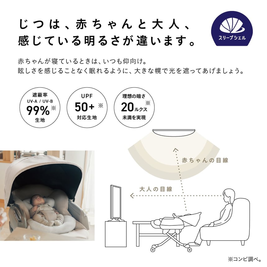 ネムリラ コードレス スリープシェル搭載ベビーラック 赤ちゃんの眠りを守る遮光フード付き UVカット率99%で眩しさを軽減