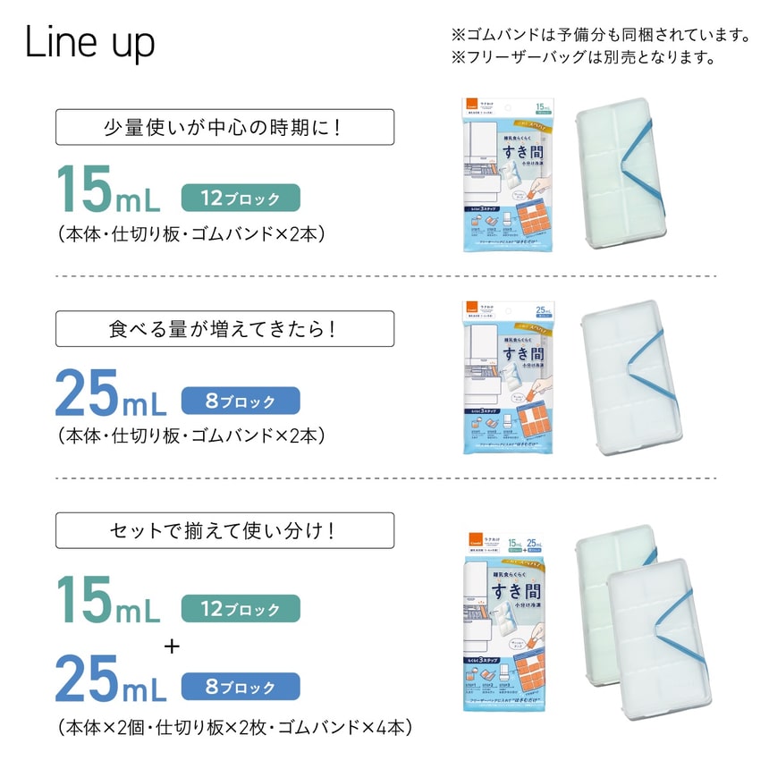 離乳食用小分け冷凍容器「すき間」のラインアップ一覧。15mL・25mL容量とセット商品を比較