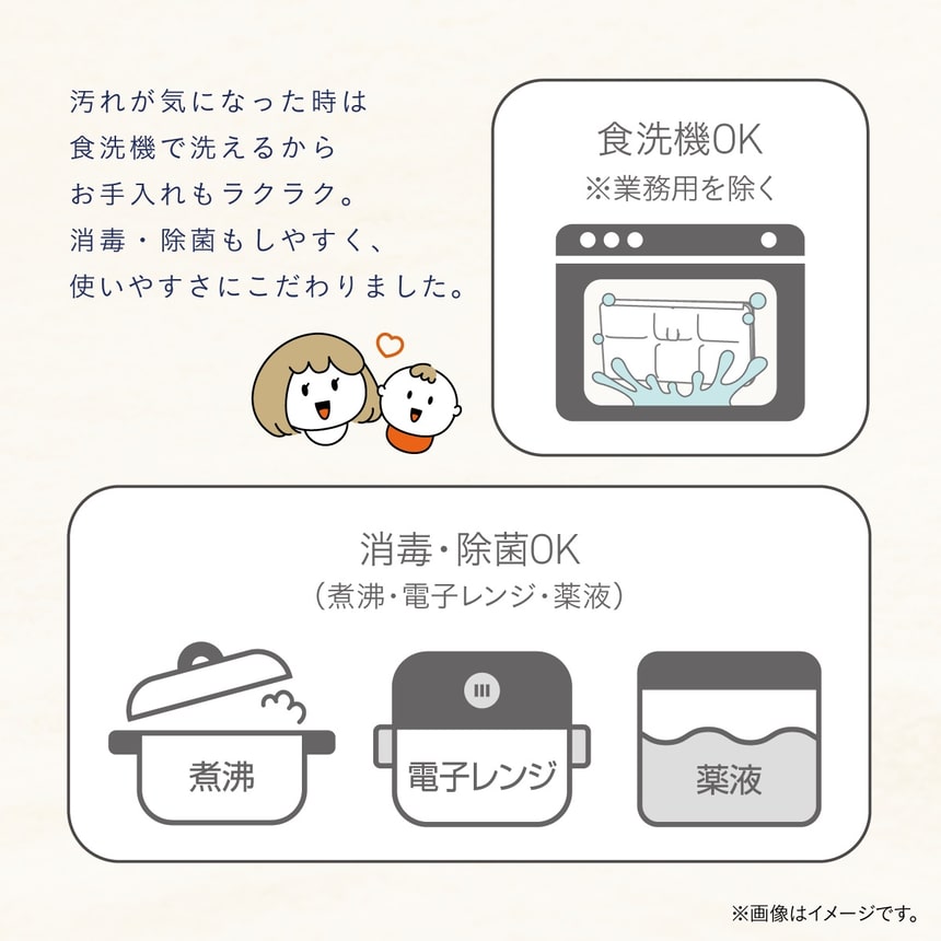 離乳食保存容器を清潔に保てるよう、食洗機洗浄と煮沸・電子レンジ・薬液消毒に対応