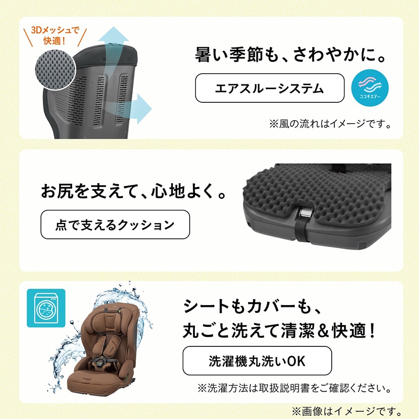 暑い季節も、さわやかに。3Dメッシュで快適！【エアスルーシステム】※風の流れはイメージです。お尻を支えて、心地よく。【点で支えるクッション】取外せば、もっとひろびろ！【着脱式ヘッドサポート】※使用方法は取扱説明書をご確認ください。