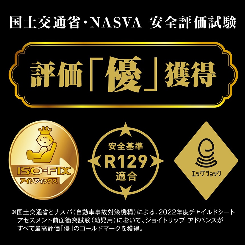 国土交通省・NASVA 安全評価試験　最高評価「優」獲得　ISO-FIX　新安全基準R129適合　エッグショック　※国土交通省とナスバ(自動車事故対策機構)による、2022年度チャイルドシートアセスメント前面衝突試験 (幼児用)において、ジョイトリップアドバンスがすべて最高評価「優」のゴールドマークを獲得。