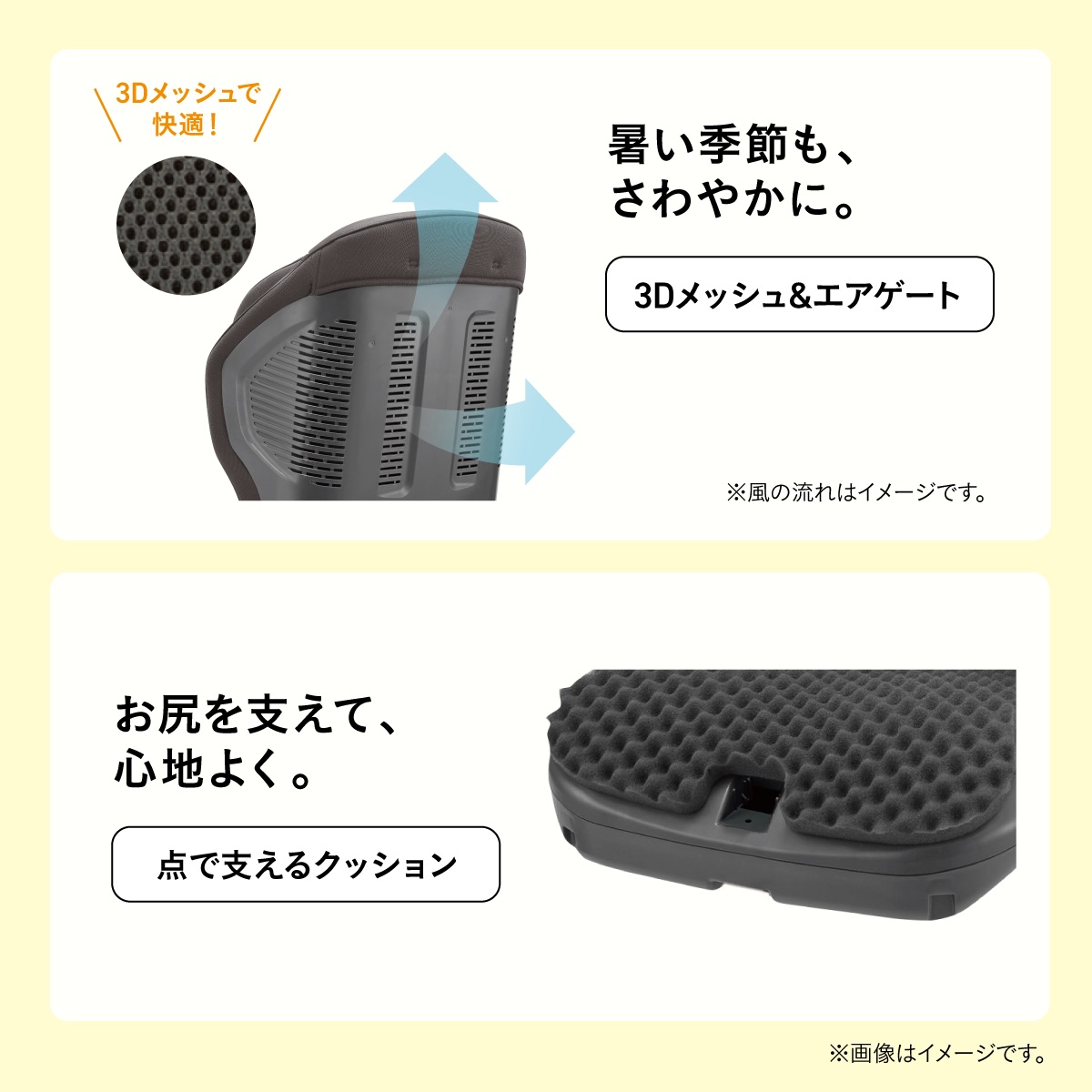 3Dメッシュとエアゲートで通気性を高めた快適ジュニアシート