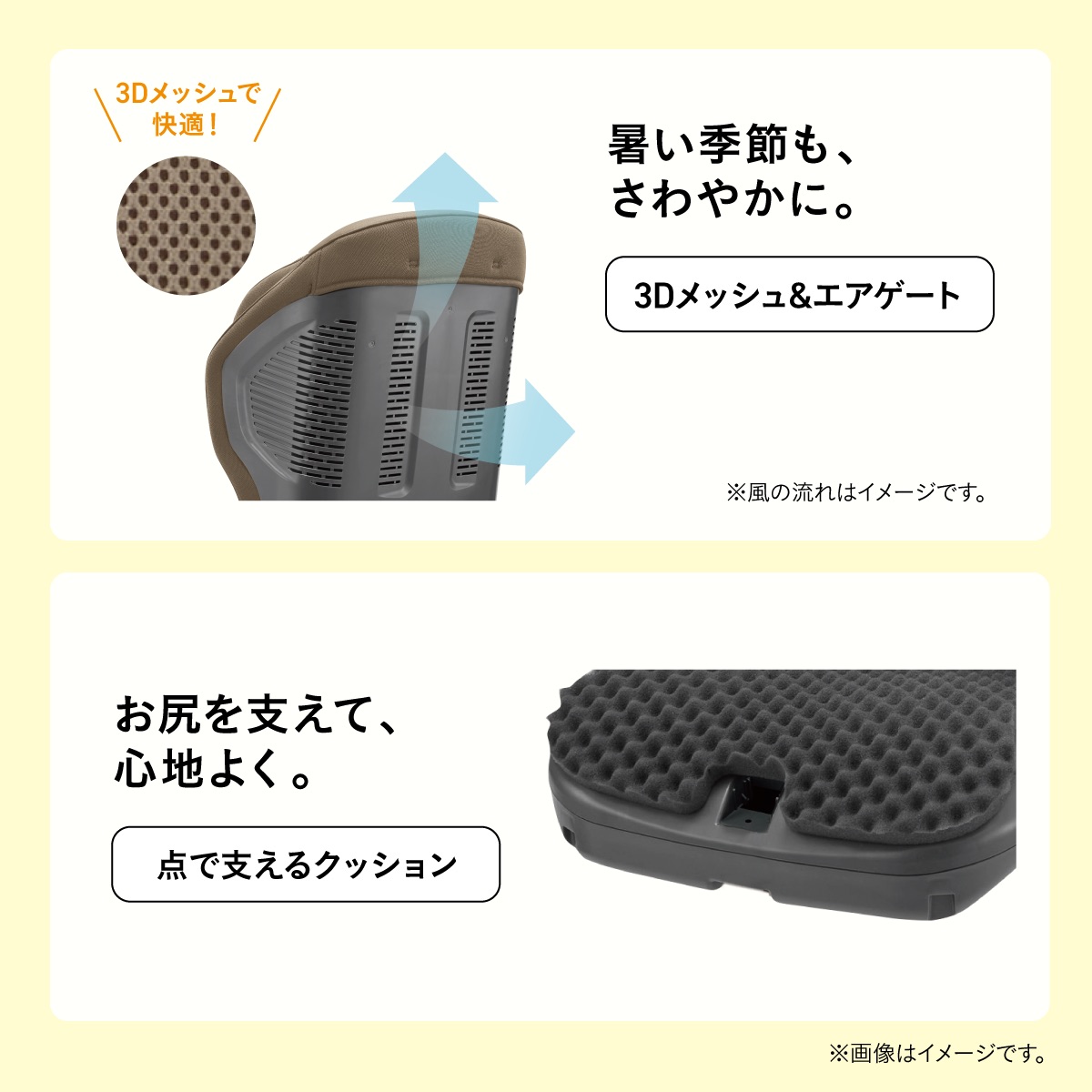 3Dメッシュとエアゲートで通気性を高めた快適ジュニアシート