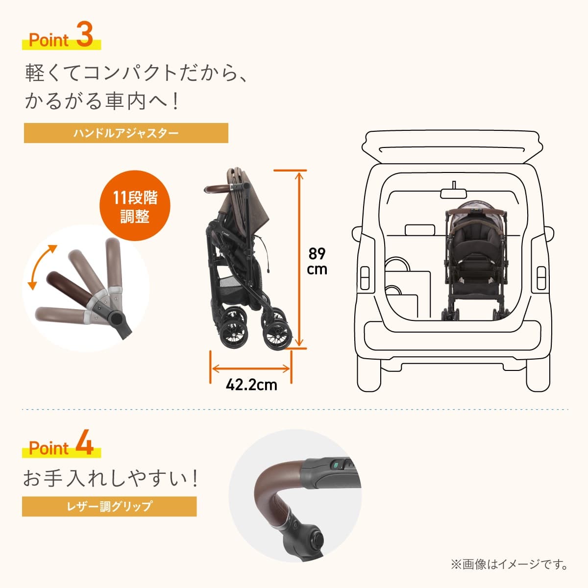 Point3【軽くてコンパクトだから、かるがる車内へ！】ハンドルアジャスター　11段階調整 折り畳み時　奥行42.2cm 高さ93.5cm Point3 【お手入れしやすい！】レジャー調グリップ