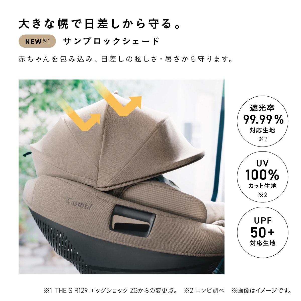 遮光率99.99％・UV100％カット・UPF50+対応の大型サンシェード搭載チャイルドシート