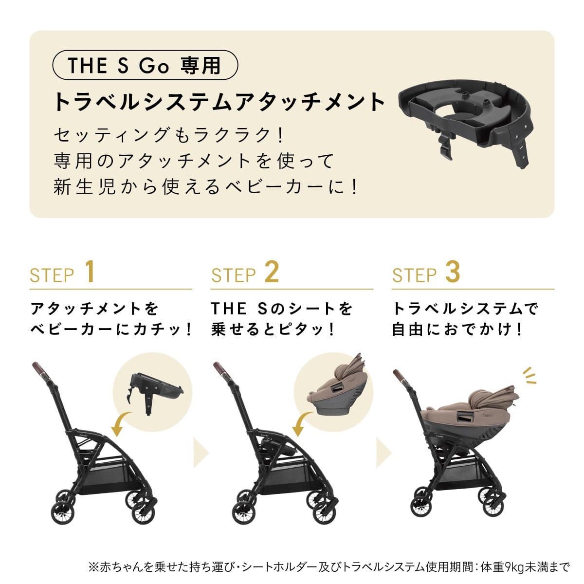 チャイルドシートをベビーカーに取り付けできるTHE S Go専用アタッチメント