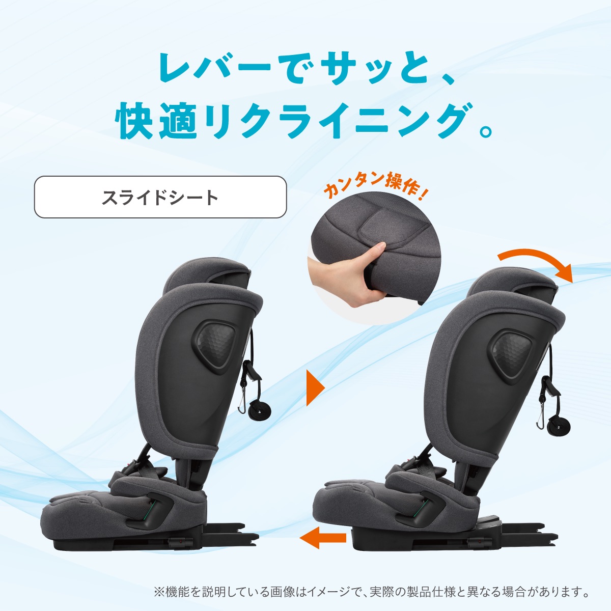 レバー操作で簡単にリクライニングできるスライドシート機能