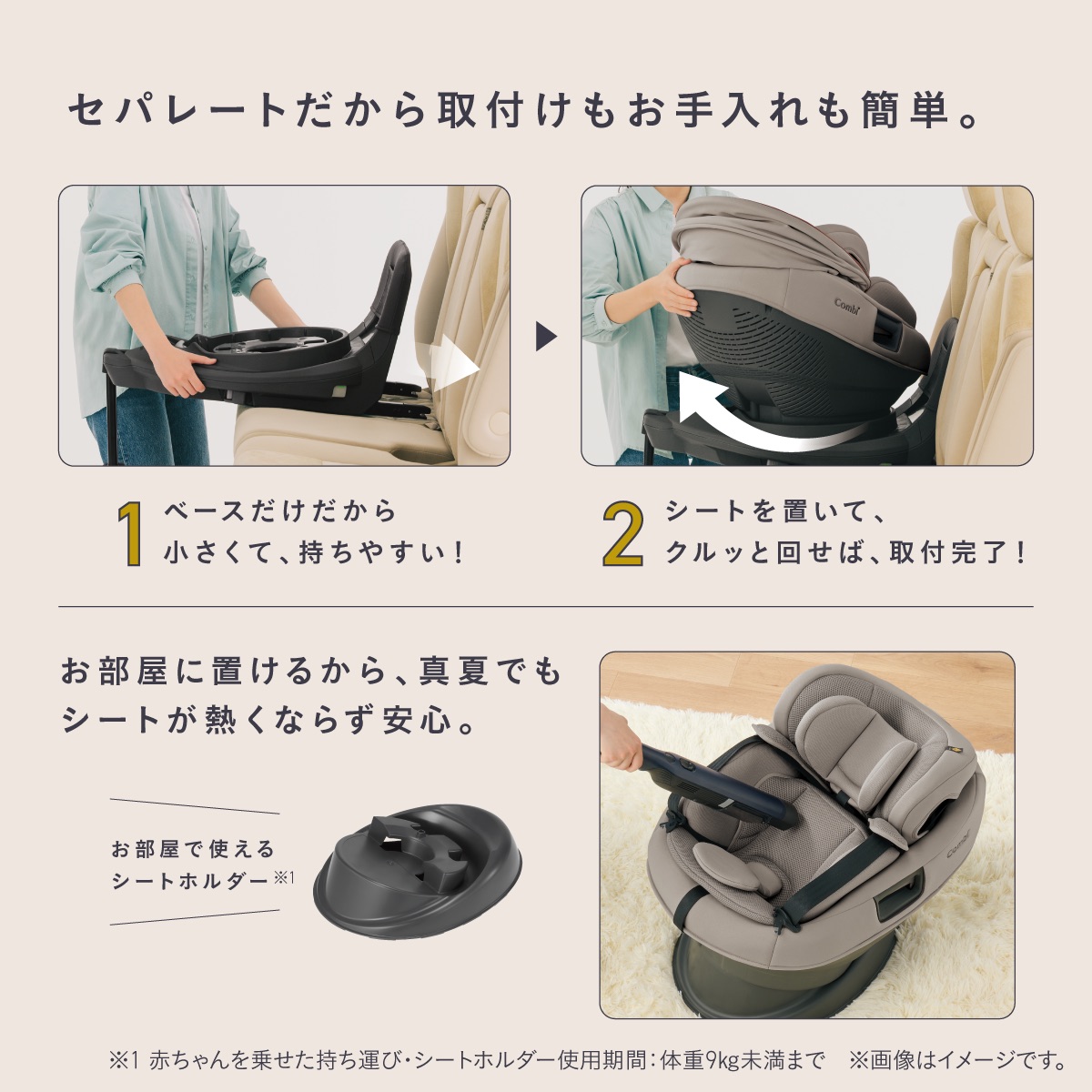 セパレート構造で簡単に取り付けでき、お手入れもしやすい回転式チャイルドシート「THE S Lotta」