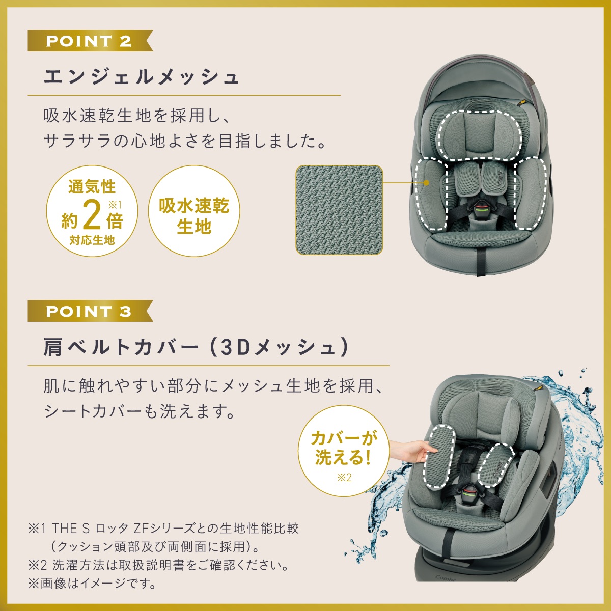 吸水速乾素材「エンジェルメッシュ」と洗える3Dメッシュ肩ベルトカバーを採用したTHE S Lottaチャイルドシート