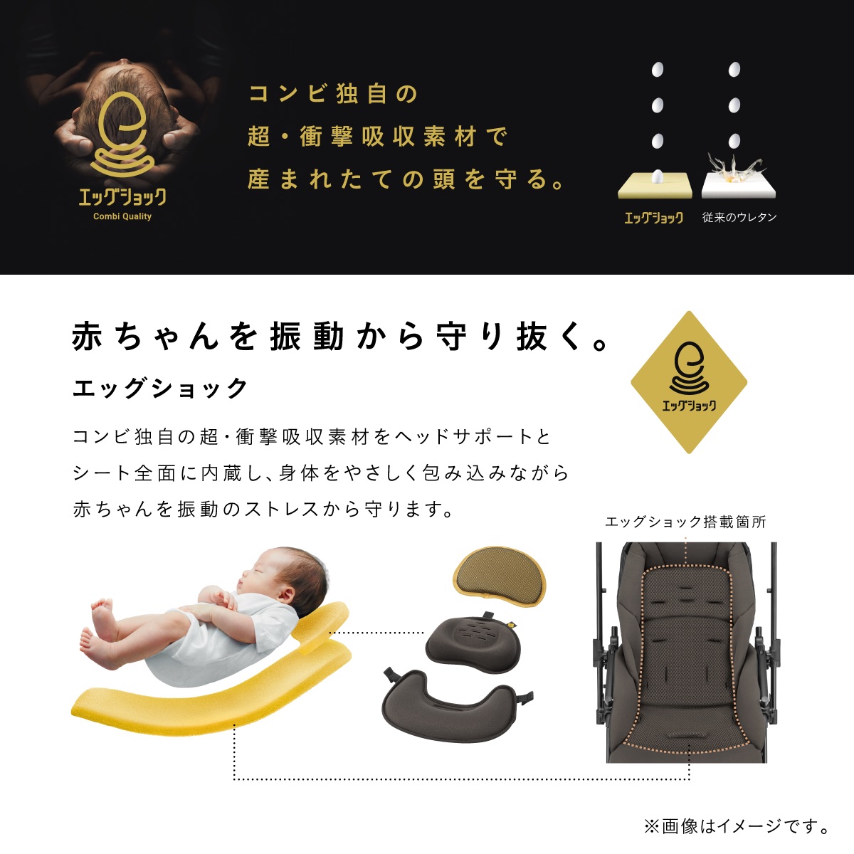 スゴカルRは、コンビ独自の超・衝撃吸収素材「エッグショック」をヘッドサポートとシート全面に搭載。赤ちゃんの頭や身体を振動から守り、やさしく包み込むコンビのA型ベビーカーです。