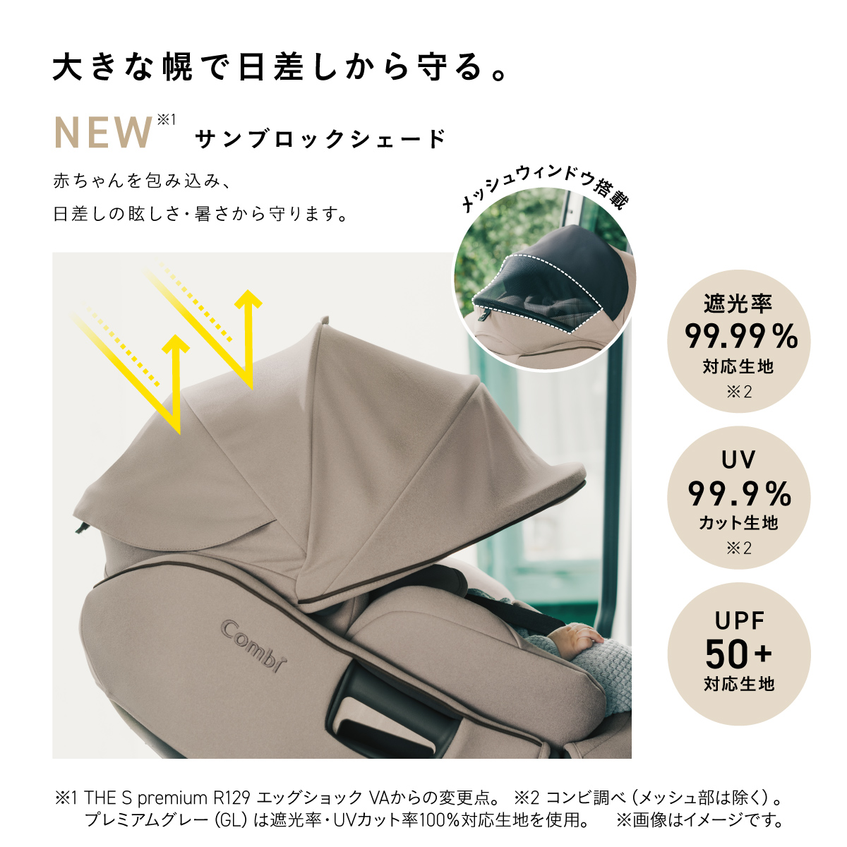 「THE S Long」の大型幌「サンブロックシェード」。遮光率99.99％・UVカット率99.9％対応生地で赤ちゃんを日差しから守る機能を紹介。プレミアムグレーは遮光率100％・UVカット率100％対応生地