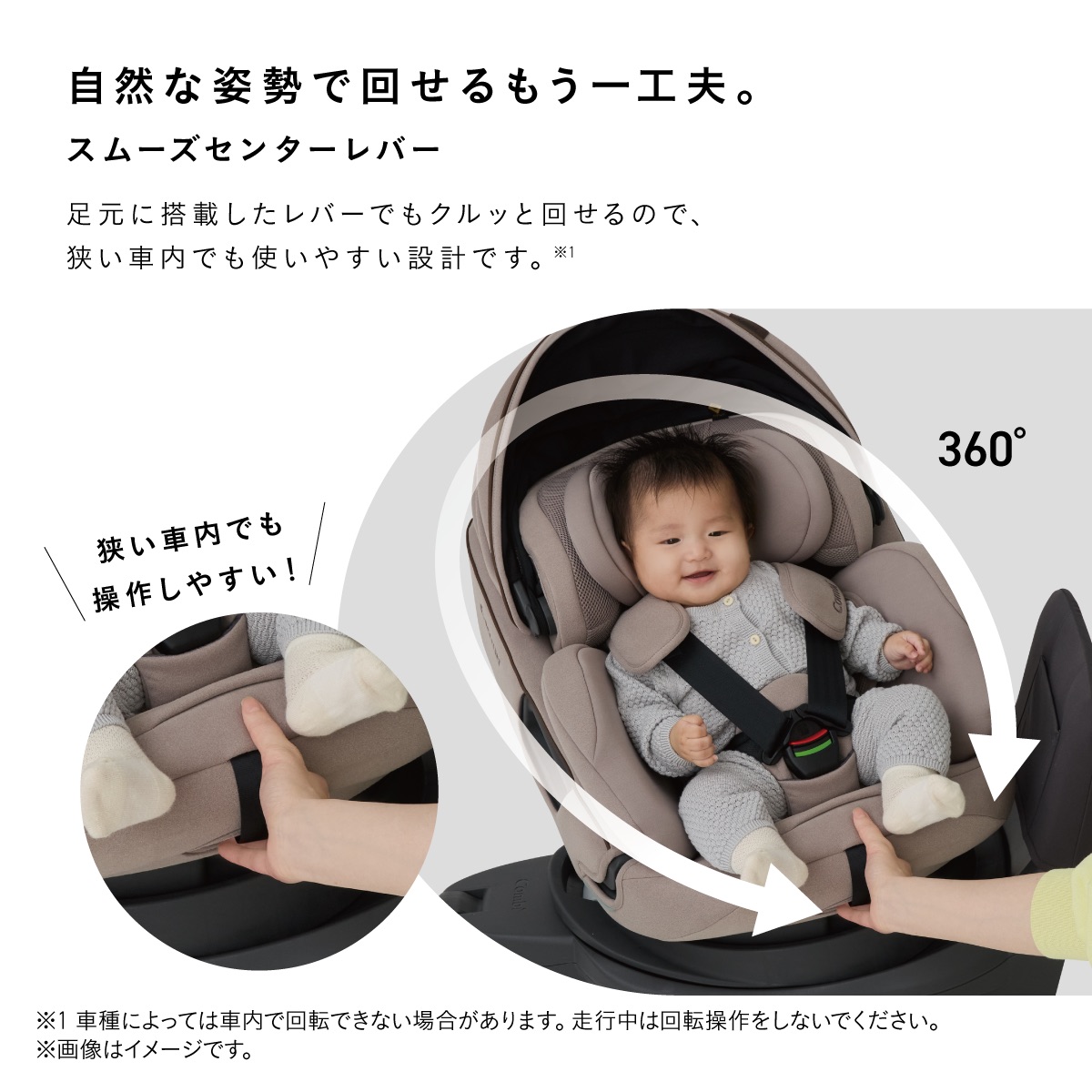 「THE S Long」のスムーズセンターレバー。足元のレバーでシートを360°回転でき、狭い車内でも操作しやすい機能を紹介