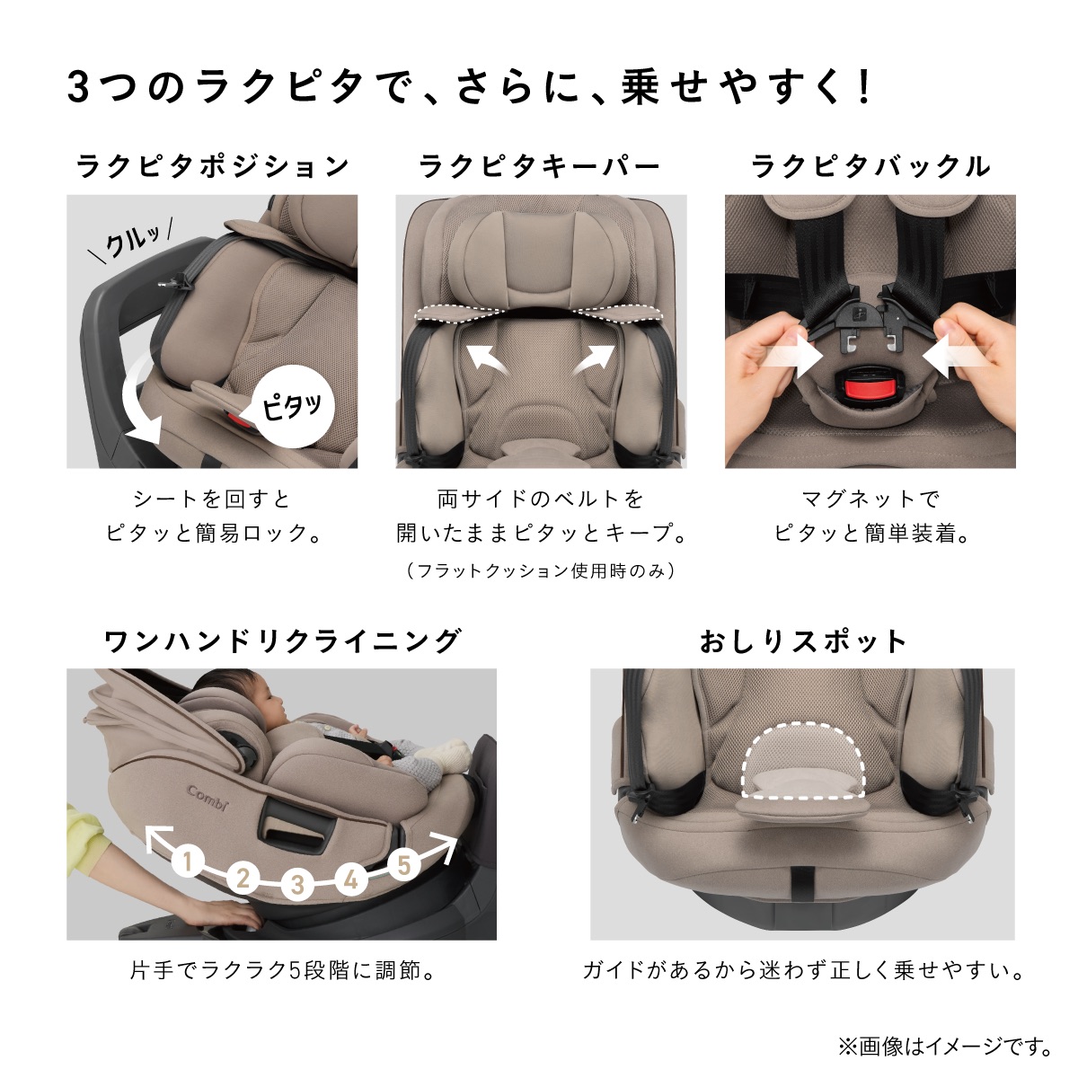 「THE S Long」の乗せやすさを高める機能。ラクピタポジション、ラクピタキーパー、ラクピタバックルに加え、5段階のワンハンドリクライニングとおしりスポットを紹介