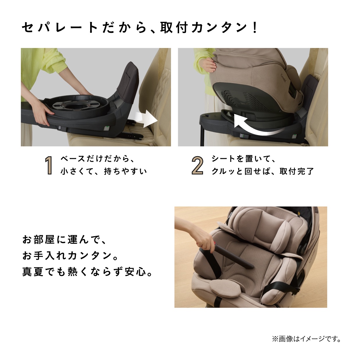 「THE S Long」のセパレート構造。ベースを車に取り付け、シートを回転させて簡単に装着でき、取り外して室内でお手入れできる機能を紹介。
