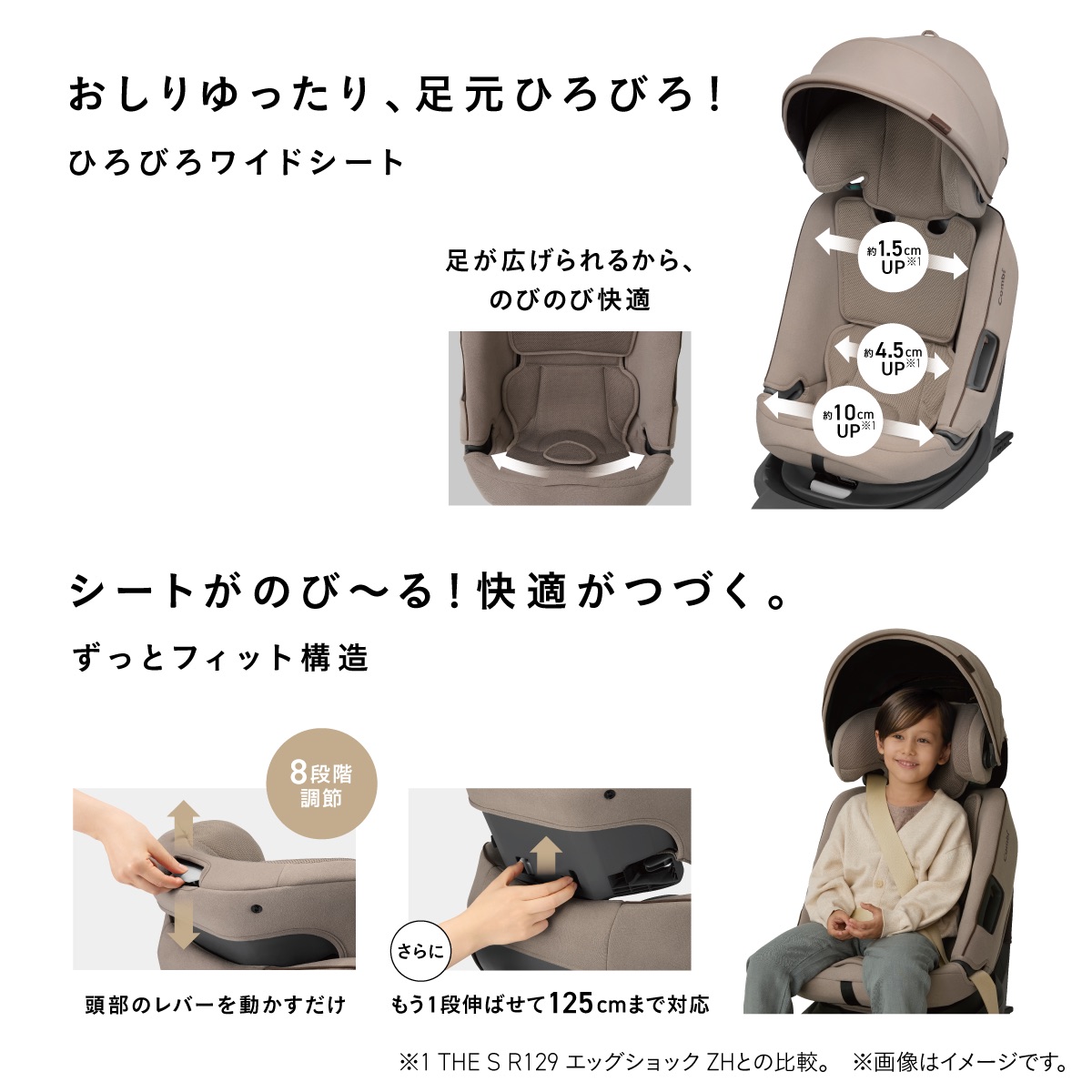 「THE S Long」のワイドシートとヘッドレスト調節機能。成長に合わせて座面や足元を広く使え、身長125cmまでフィットする設計を紹介。