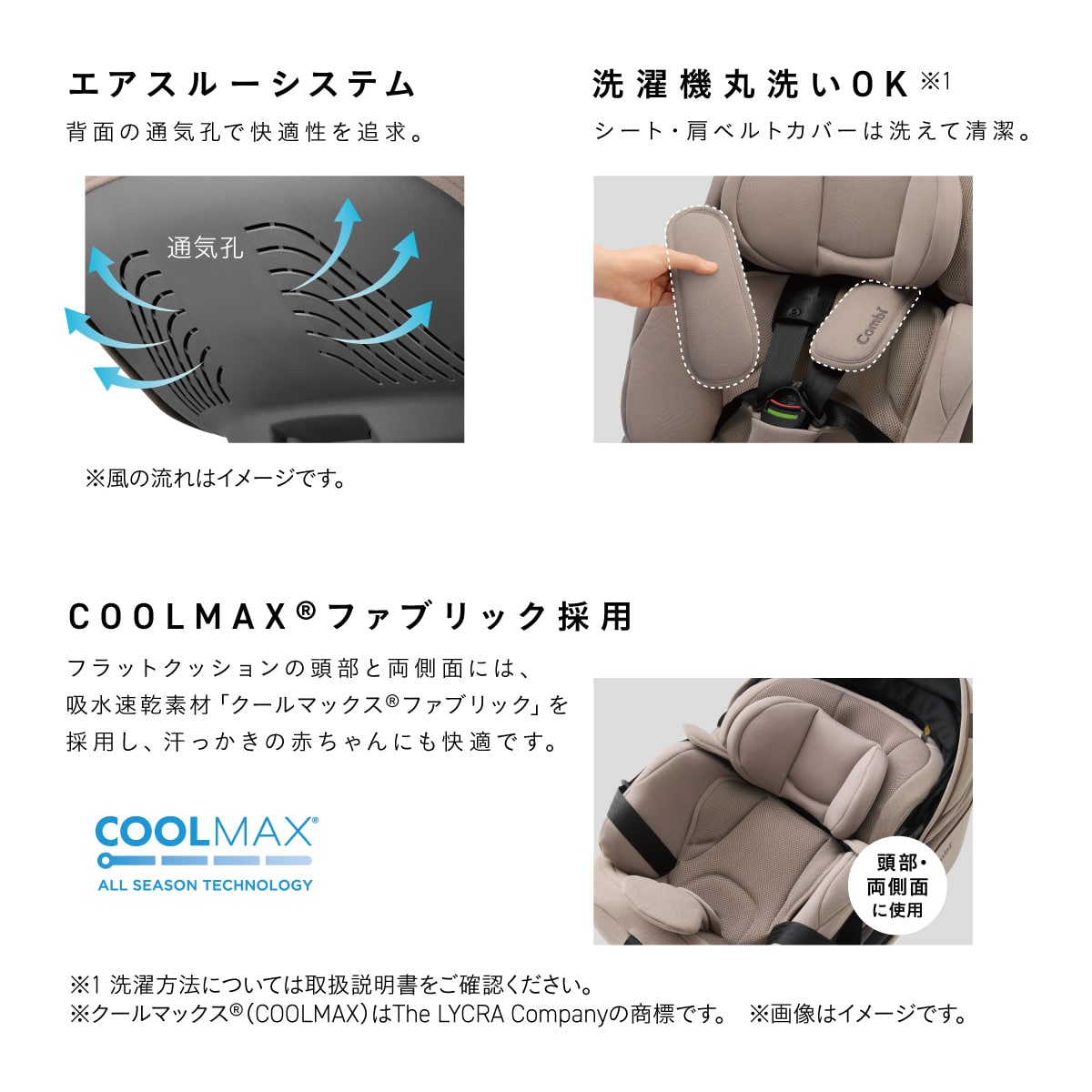 コンビのチャイルドシート「THE S Long」の快適機能。背面の通気孔、洗濯機で丸洗いできるシート・肩ベルトカバー、吸水速乾素材COOLMAX(R)ファブリックを紹介。